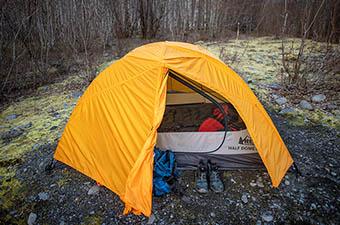 REI Half Dome SL 2+ backpacking tent (rainfly on with vestibule open)